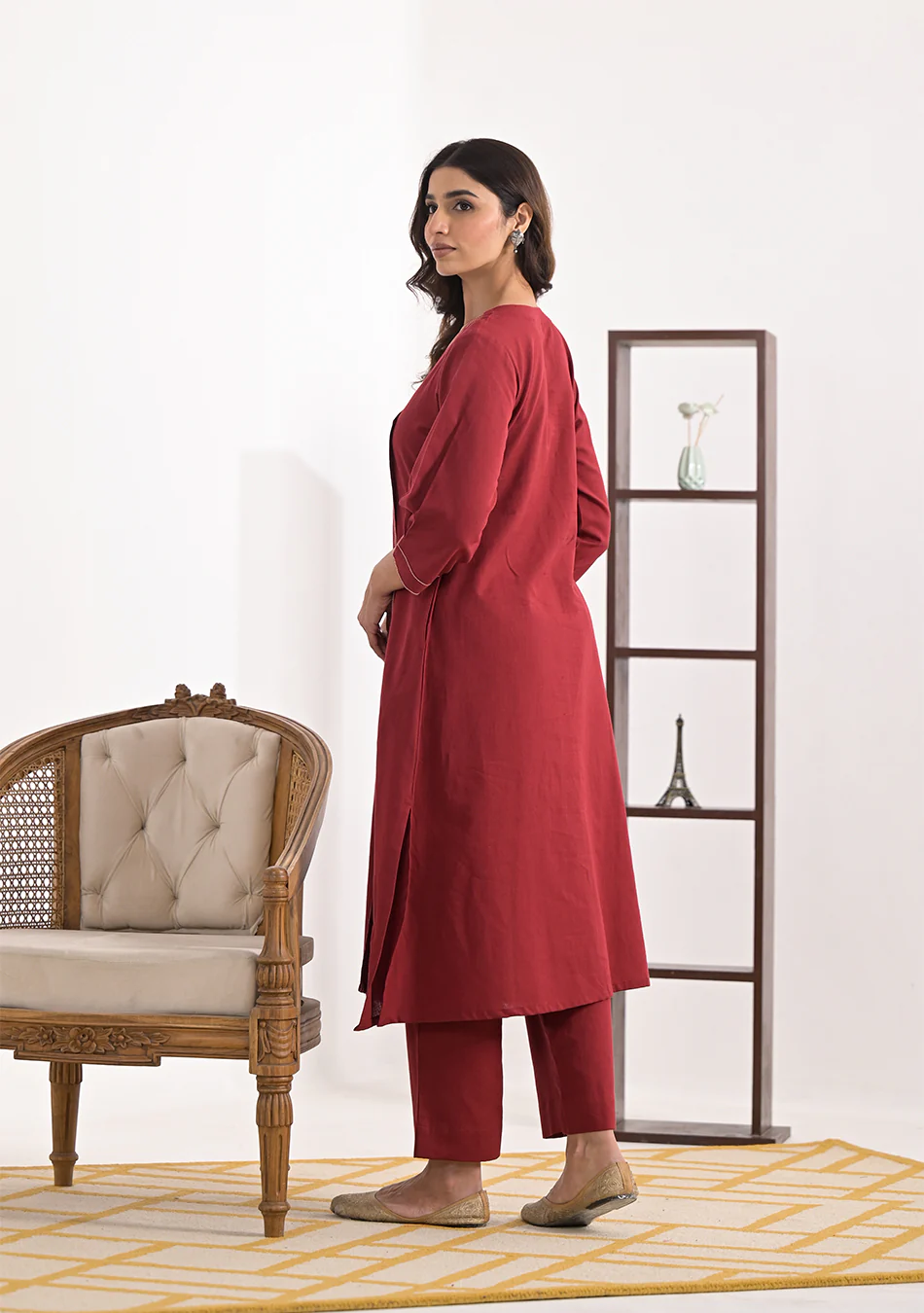 Aravalii Brick Red Solid Angrakha Kurta Pant Set - Image 3
