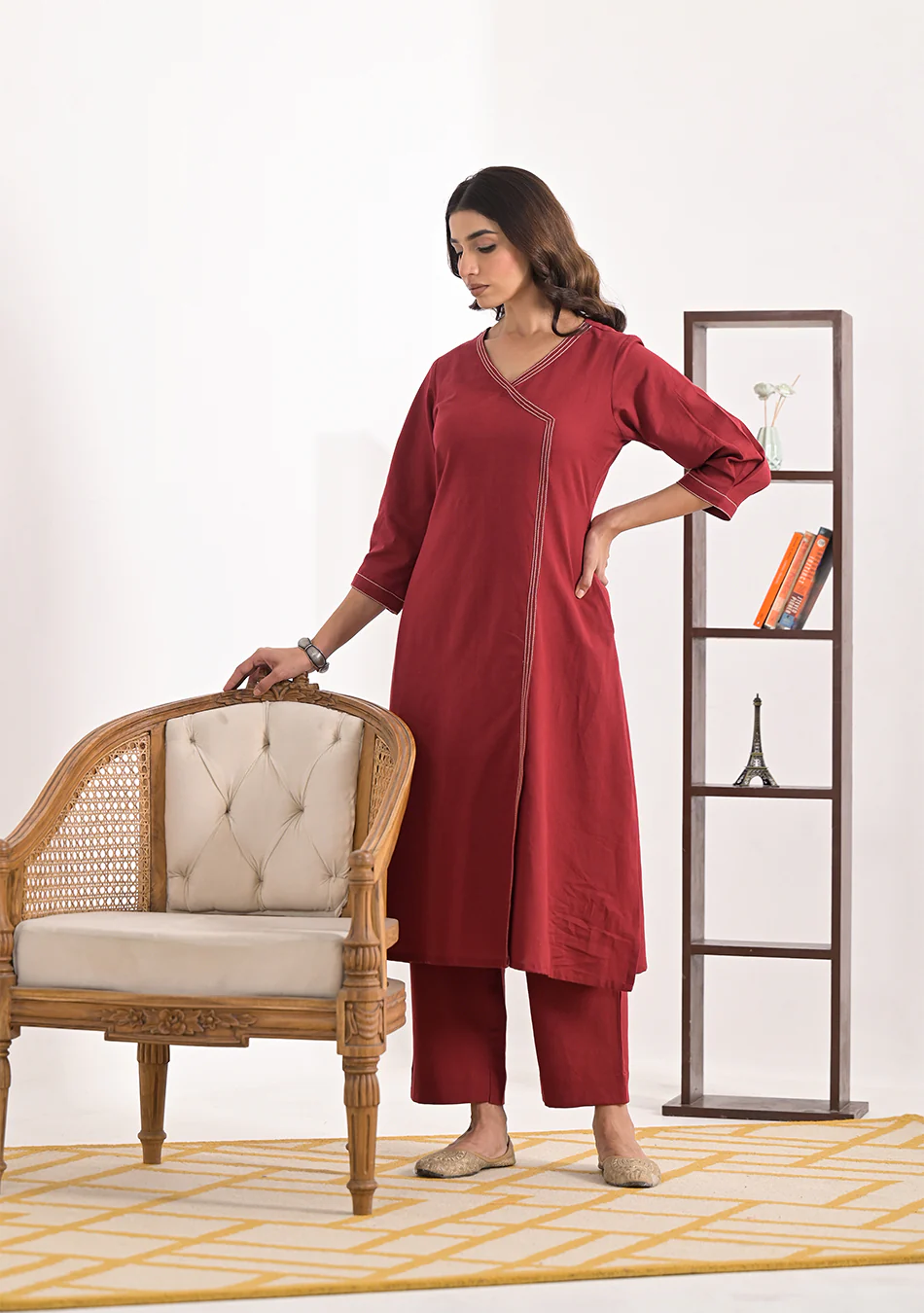 Aravalii Brick Red Solid Angrakha Kurta Pant Set - Image 6
