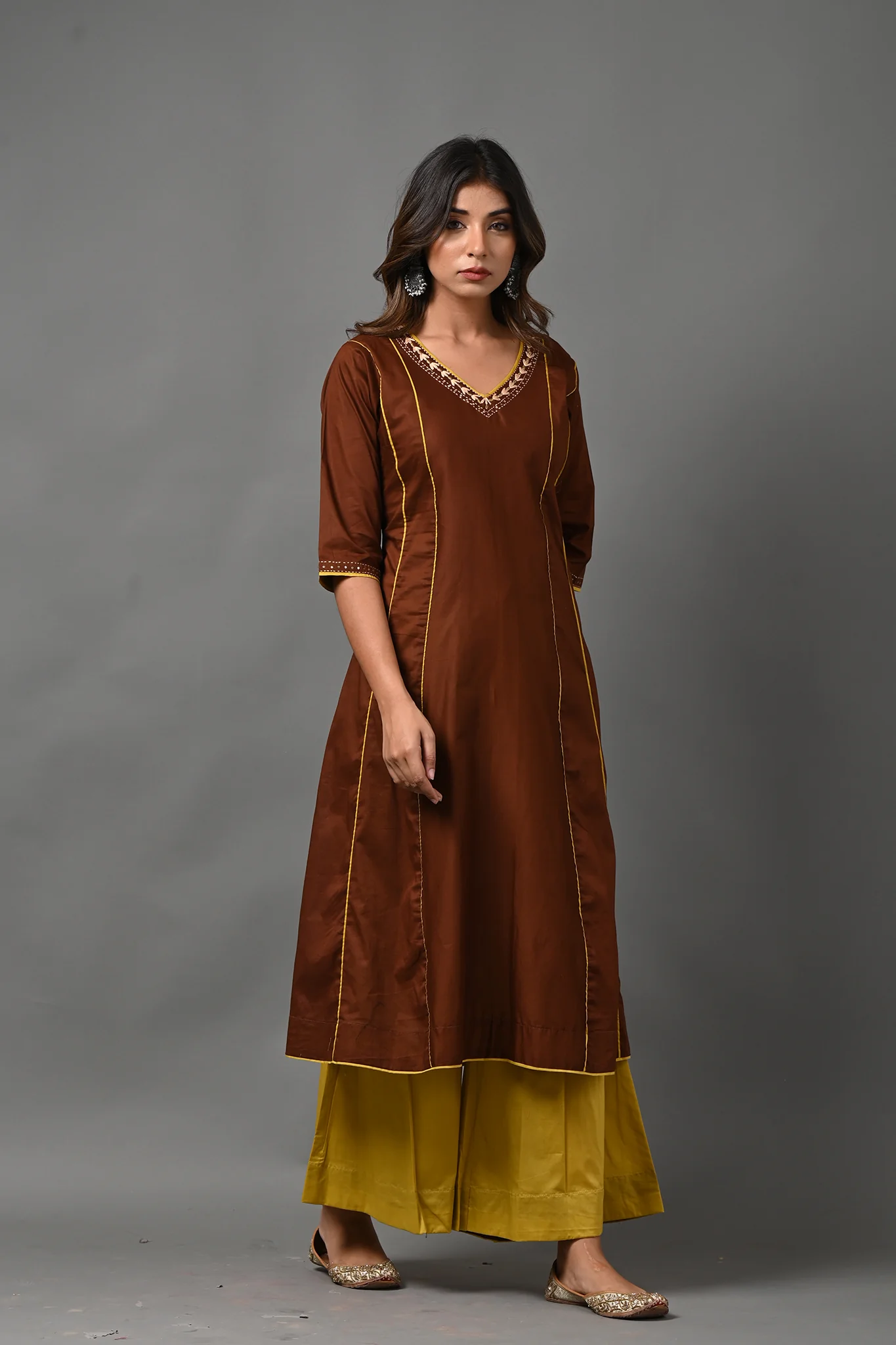 Brown and Mustard Kurta with Palazzo - Image 2
