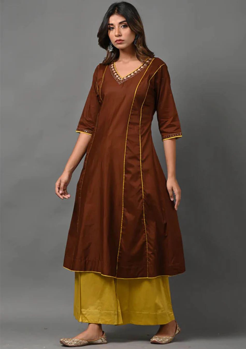 Brown and Mustard Kurta with Palazzo - Image 3