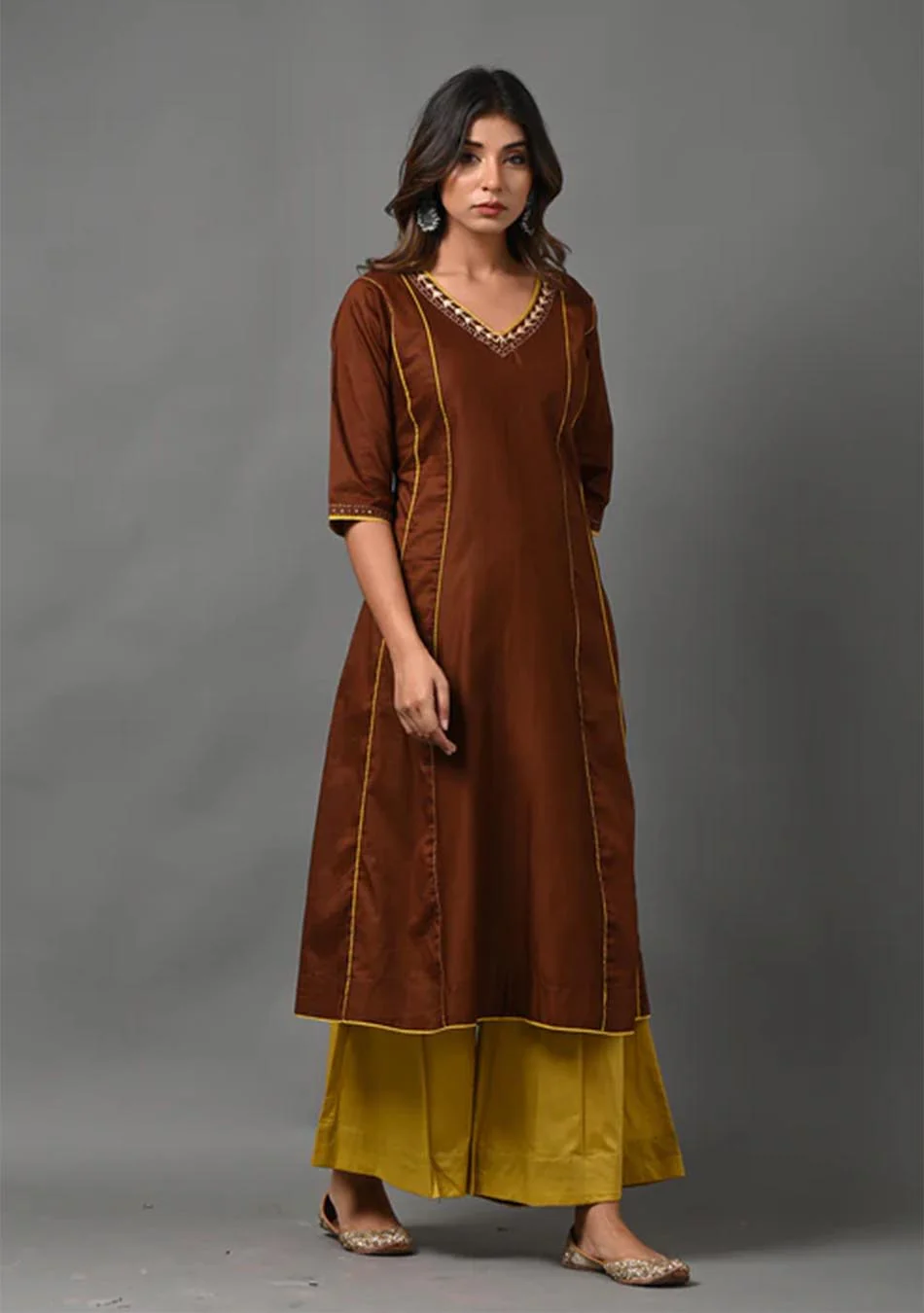 Brown and Mustard Kurta with Palazzo - Image 5