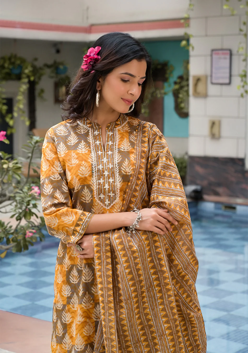 Brown and Mustard Suit Set with Dupatta - Image 12