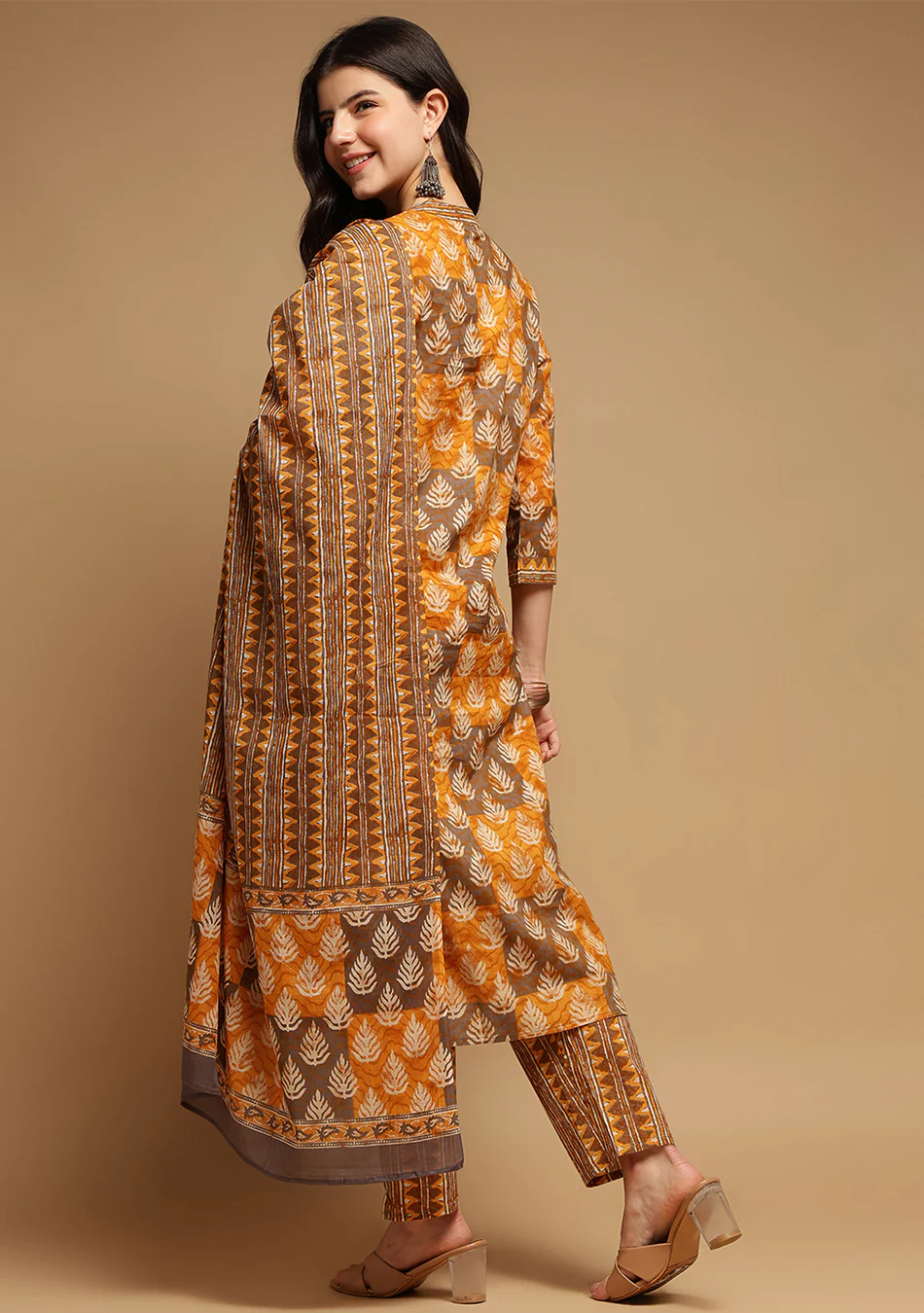 Brown and Mustard Suit Set with Dupatta - Image 3