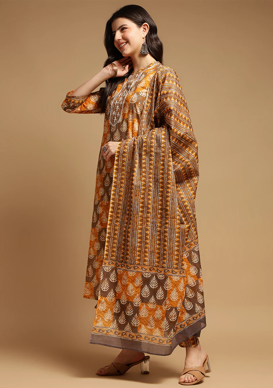 Brown and Mustard Suit Set with Dupatta - Image 4