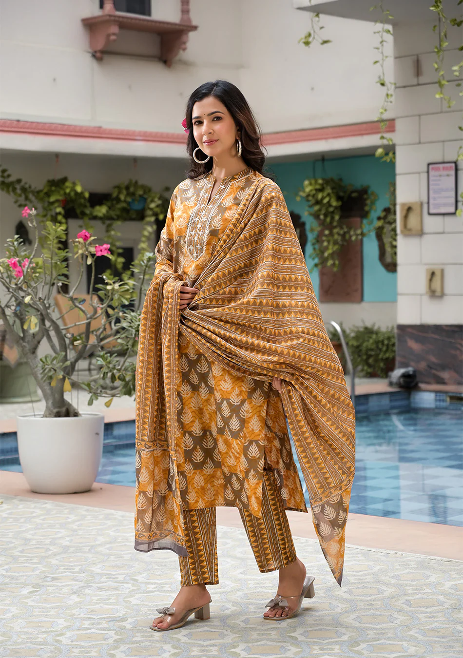 Brown and Mustard Suit Set with Dupatta - Image 7