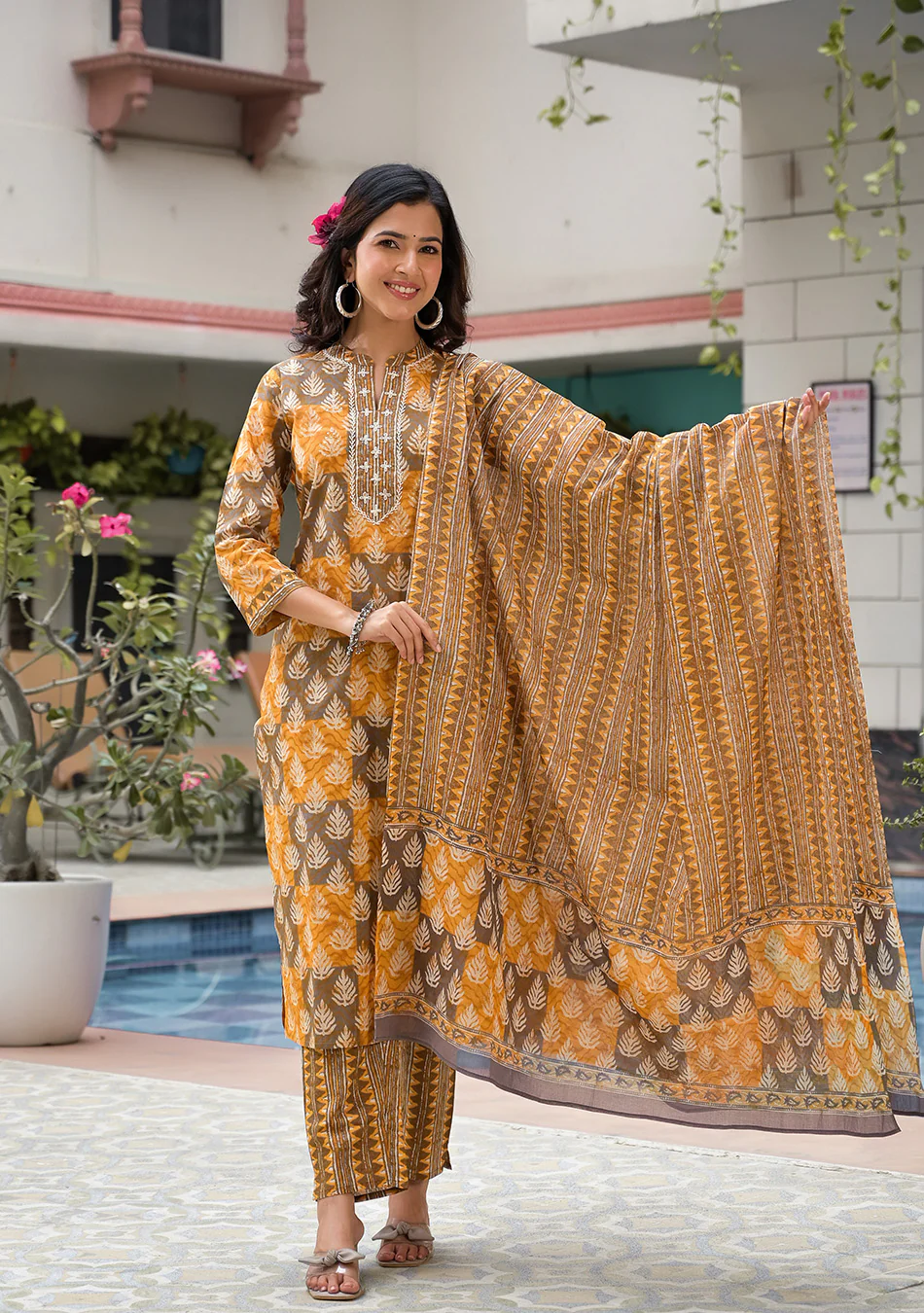 Brown and Mustard Suit Set with Dupatta - Image 8