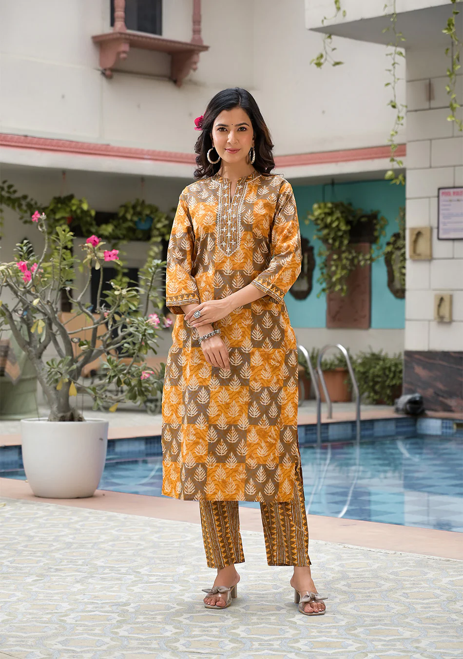 Brown and Mustard Suit Set with Dupatta - Image 9
