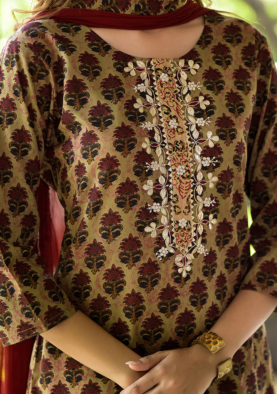 Brown Straight fit Zardozi Cotton Kurta Set with Dupatta - Image 5