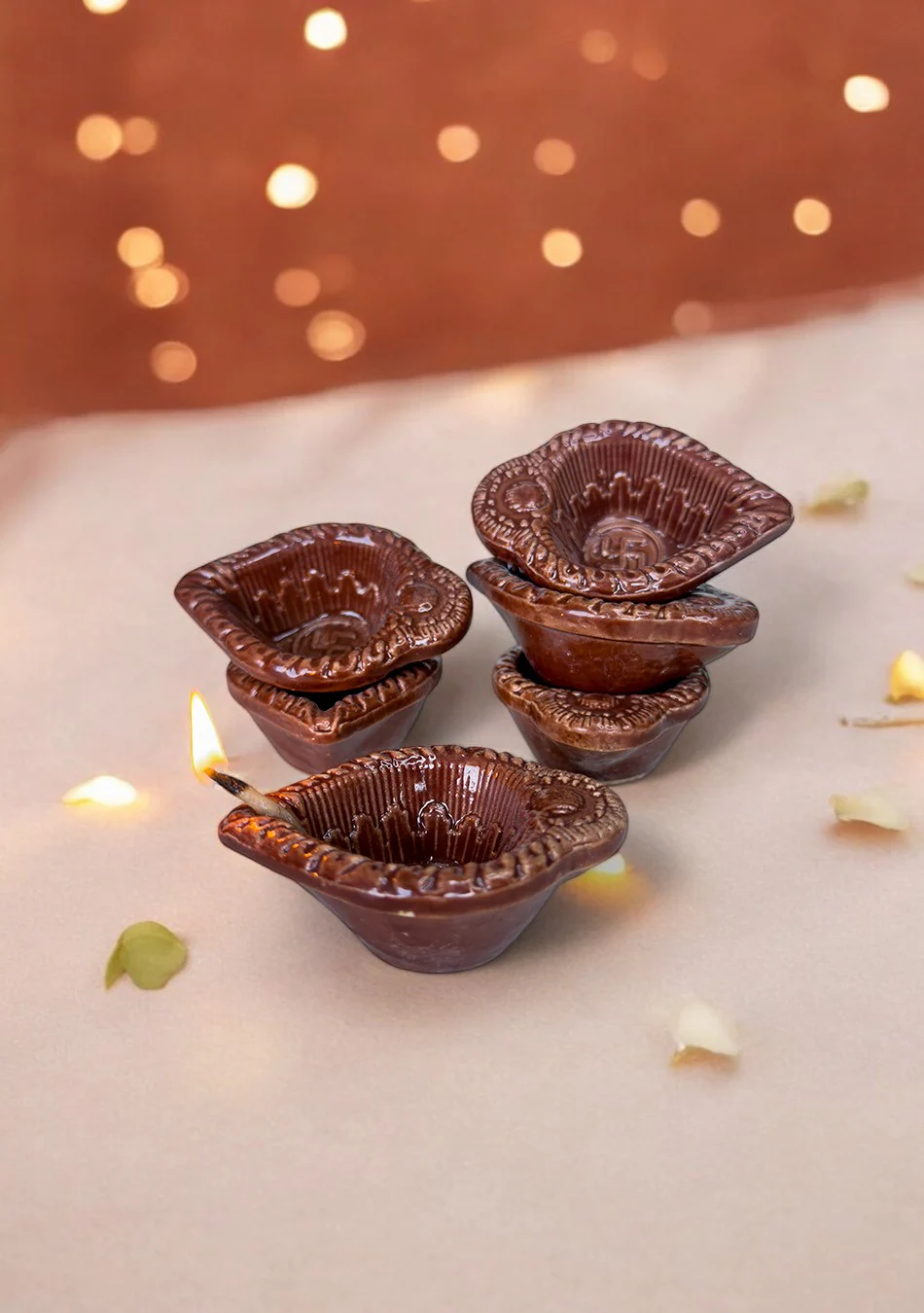 Brown Swastic Diya Set of 6 - Image 4