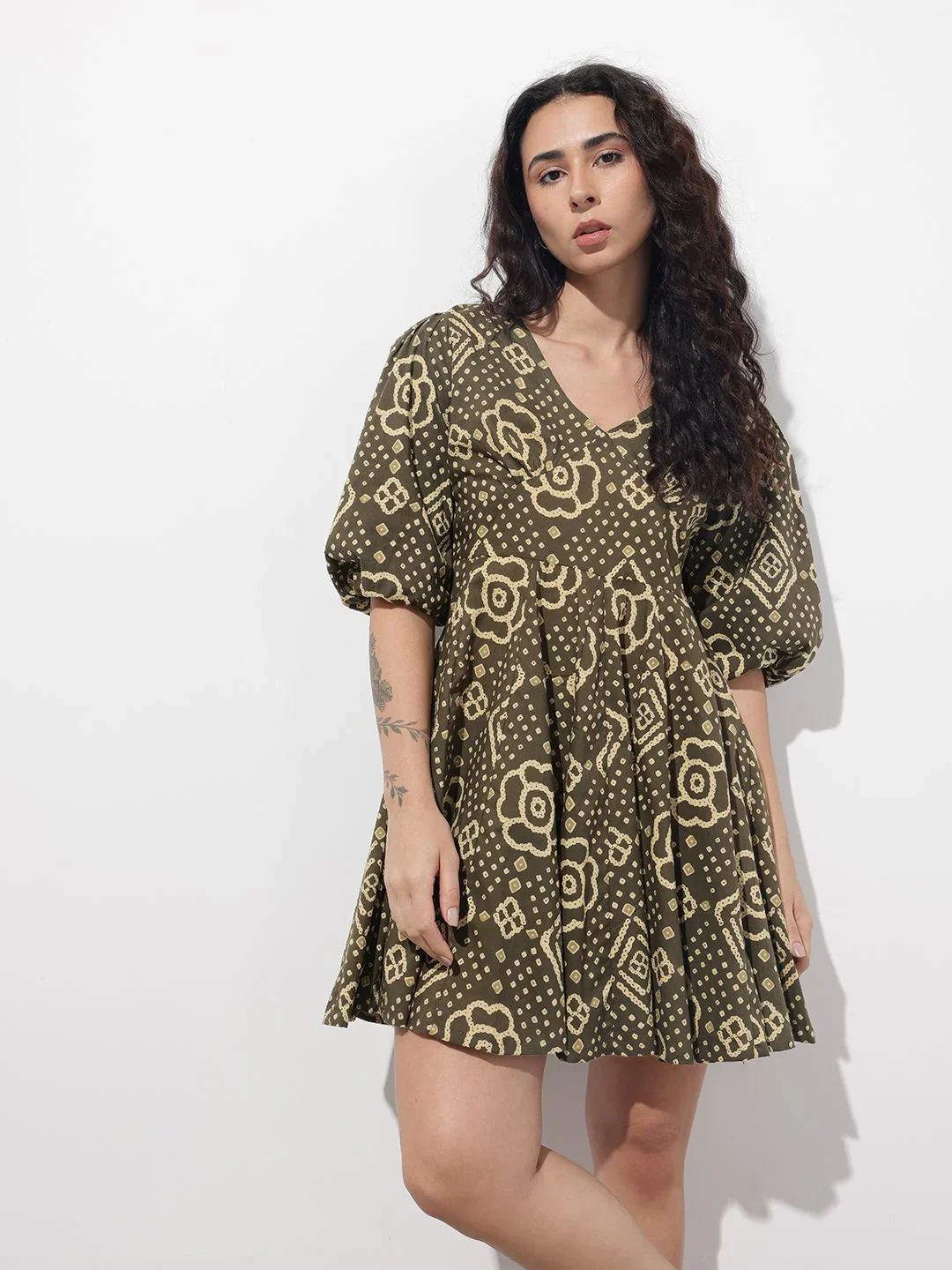 Brown V-Neck Short Bell Sleeves Mini Cotton Dress - Image 3