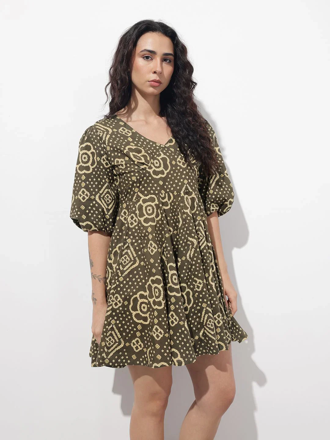 Brown V-Neck Short Bell Sleeves Mini Cotton Dress - Image 4