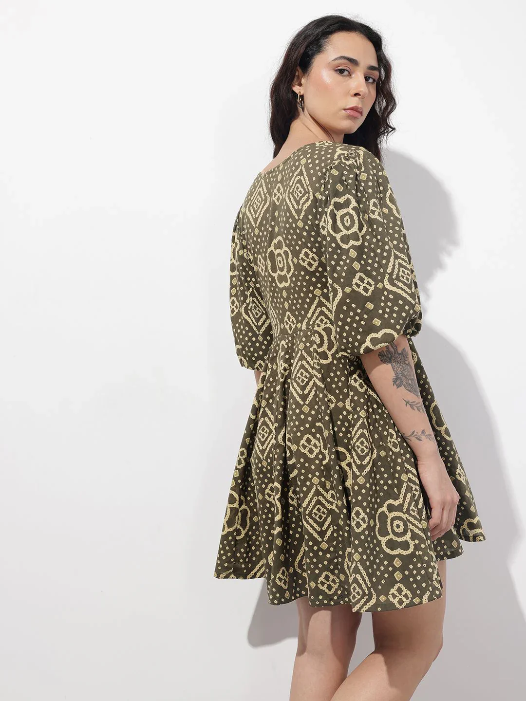 Brown V-Neck Short Bell Sleeves Mini Cotton Dress - Image 5