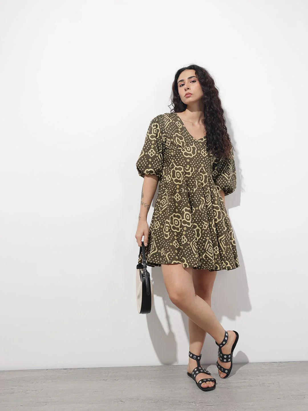 Brown V-Neck Short Bell Sleeves Mini Cotton Dress - Image 6