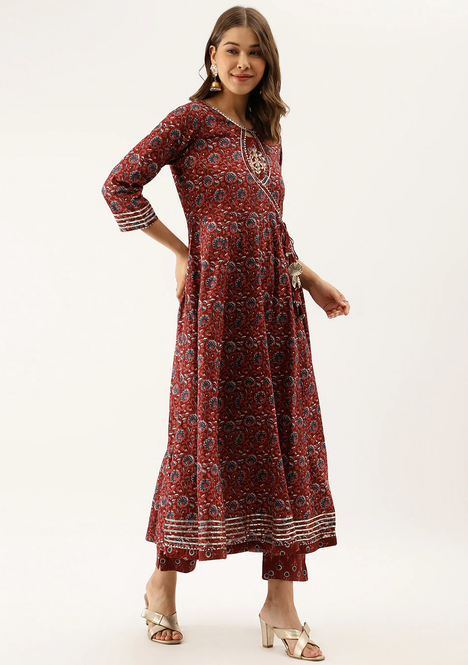 Burgundy Floral Cotton Anarkali Set - Image 2