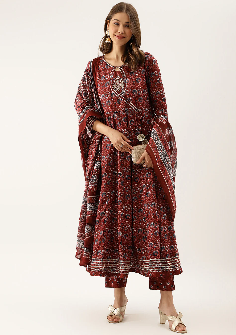 Burgundy Floral Cotton Anarkali Set - Image 3