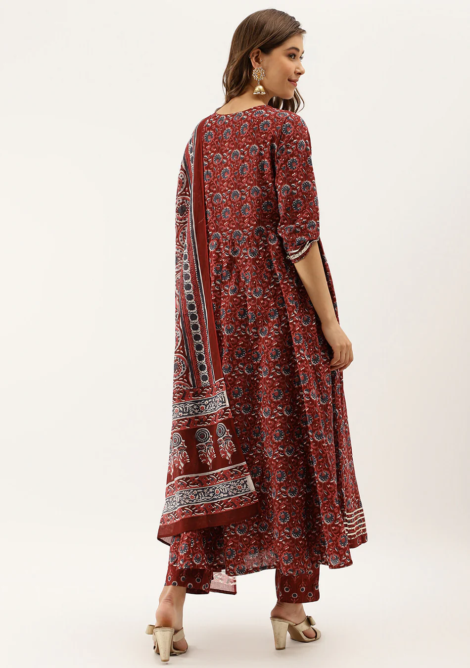 Burgundy Floral Cotton Anarkali Set - Image 4