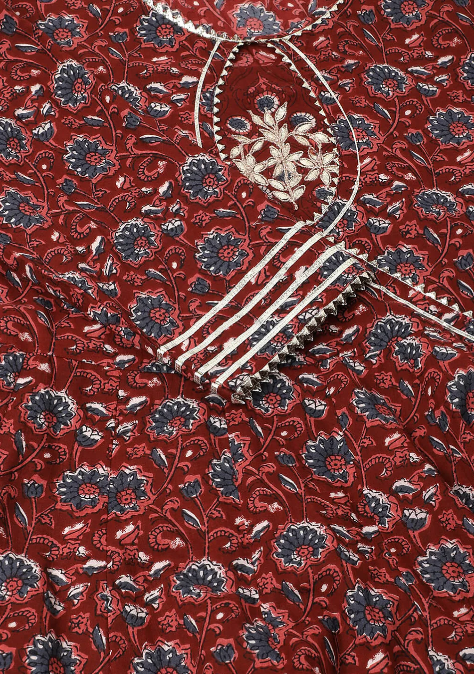Burgundy Floral Cotton Anarkali Set - Image 5