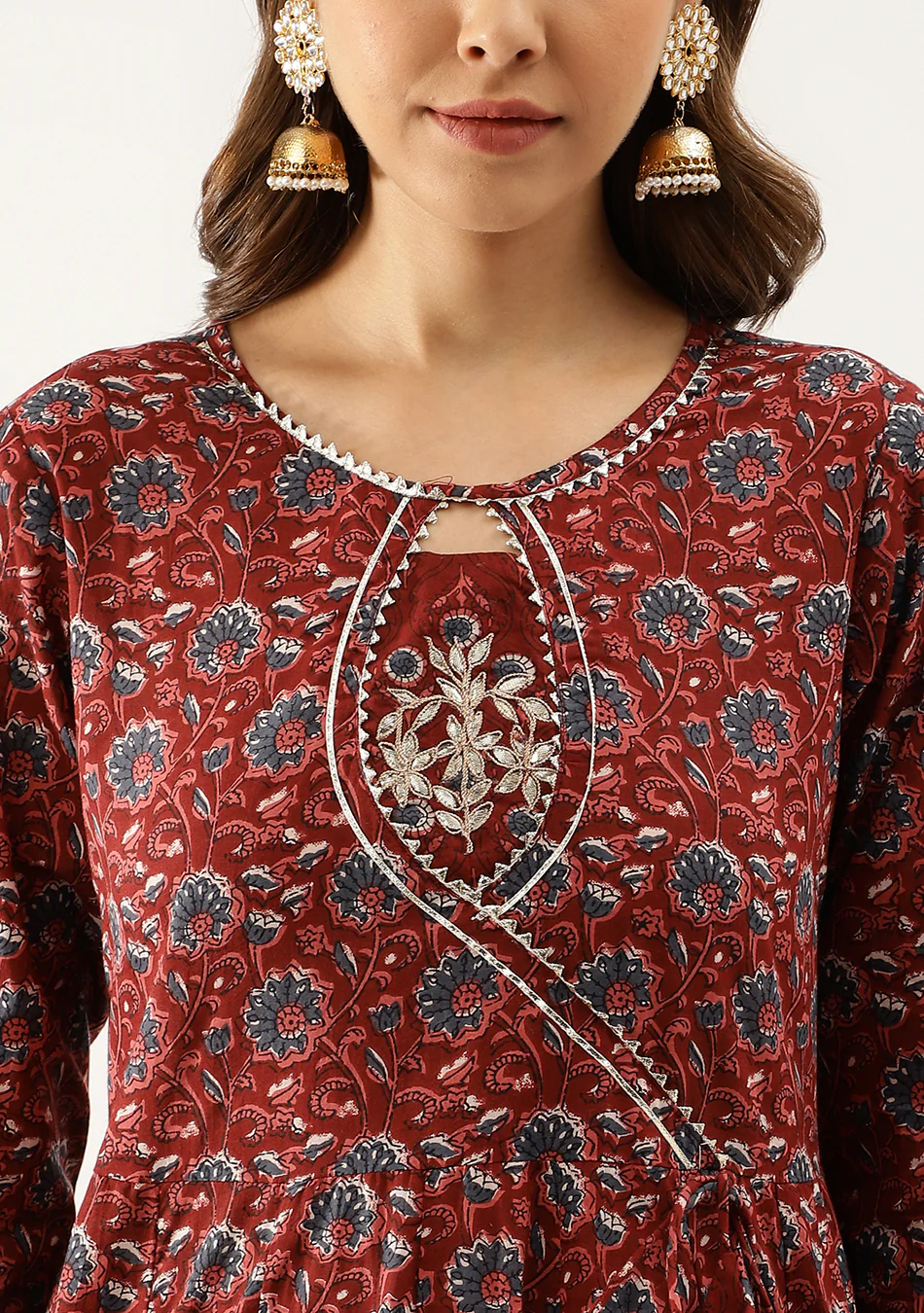 Burgundy Floral Cotton Anarkali Set - Image 6