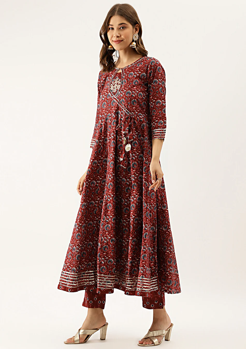 Burgundy Floral Cotton Anarkali Set - Image 7