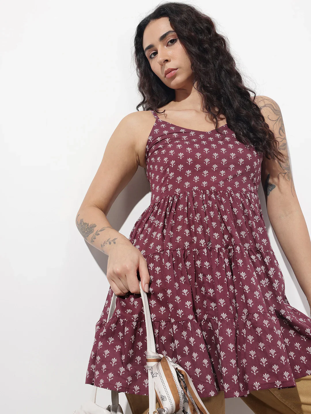 Burgundy Floral Shoulder Straps Gather Tier Top