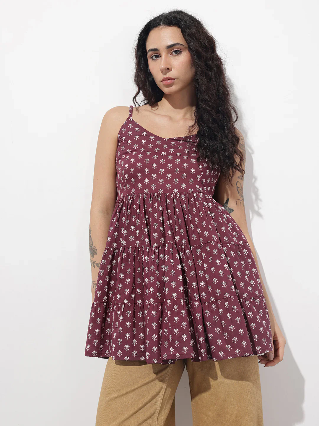 Burgundy Floral Shoulder Straps Gather Tier Top - Image 3