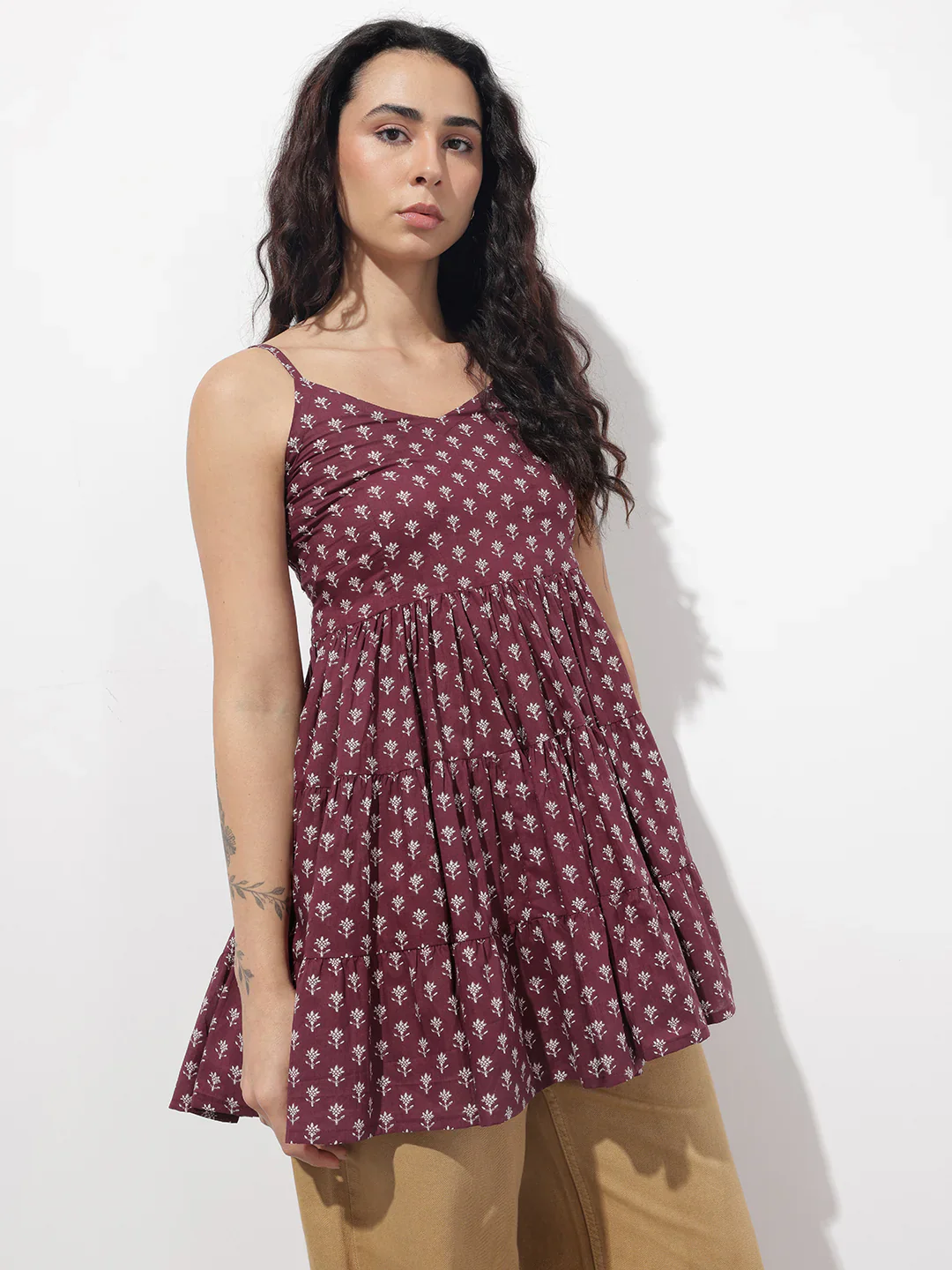 Burgundy Floral Shoulder Straps Gather Tier Top - Image 4