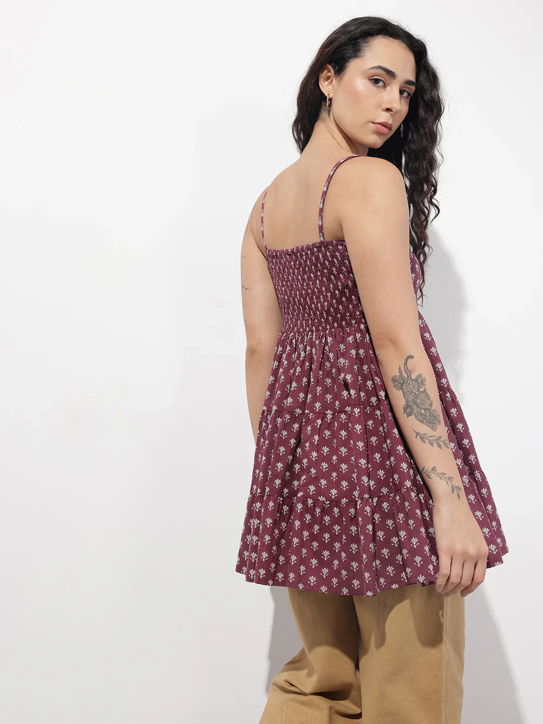 Burgundy Floral Shoulder Straps Gather Tier Top - Image 5