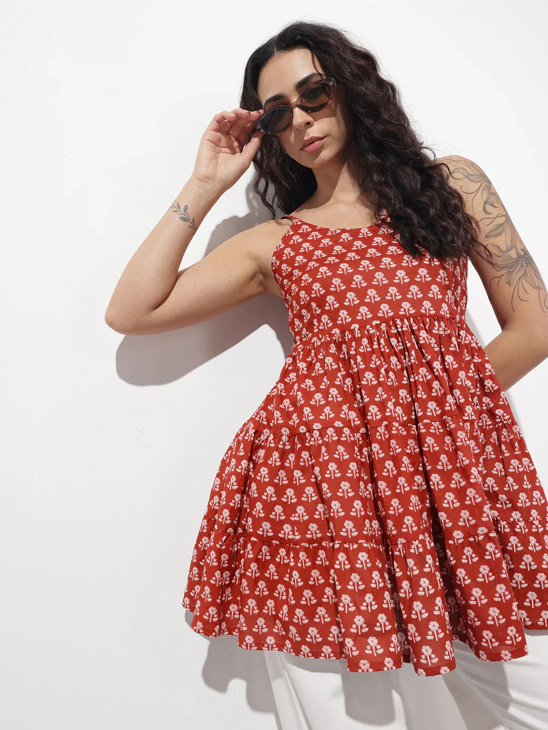 Red Floral Shoulder Straps Gather Tier Top - Image 2