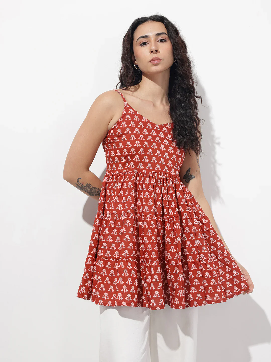 Red Floral Shoulder Straps Gather Tier Top - Image 4