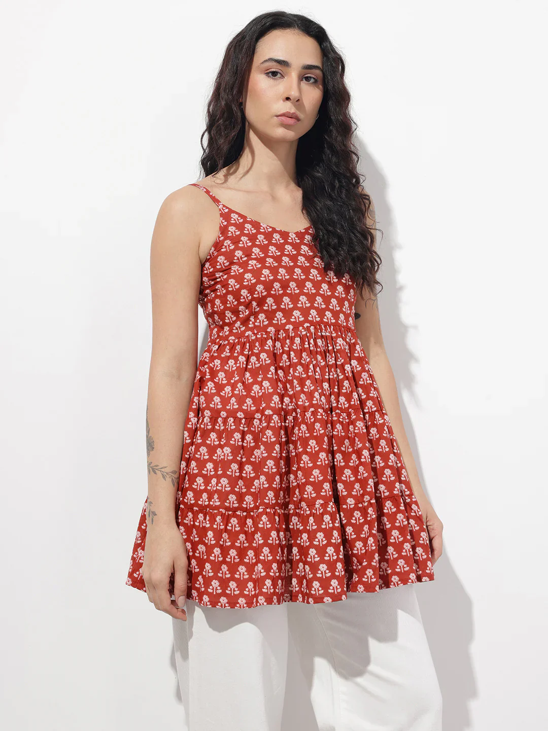 Red Floral Shoulder Straps Gather Tier Top - Image 5