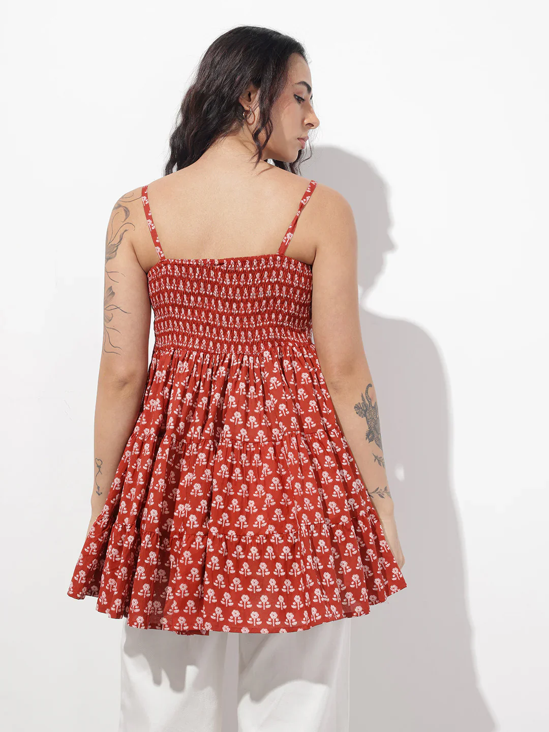 Red Floral Shoulder Straps Gather Tier Top - Image 6