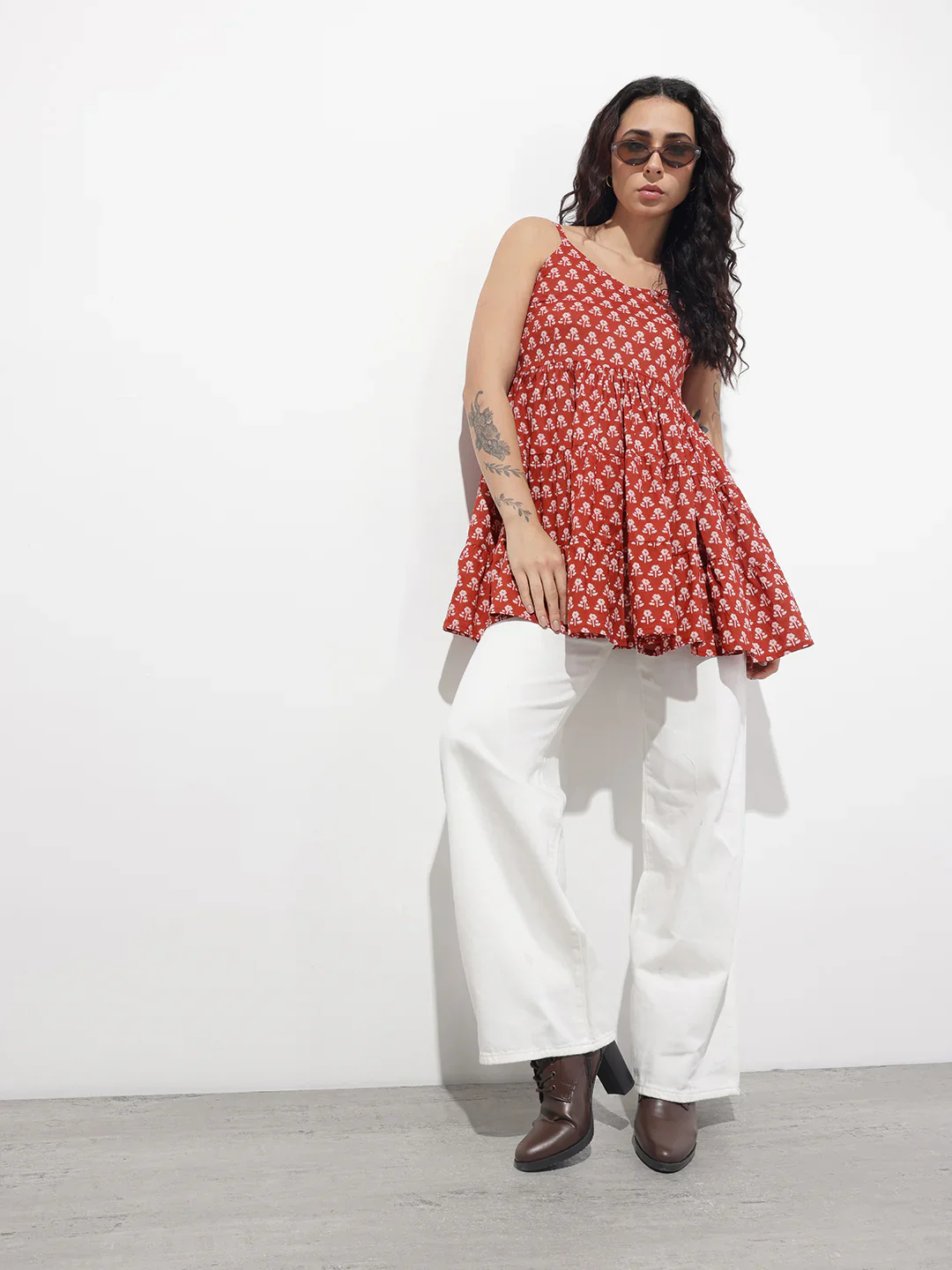 Red Floral Shoulder Straps Gather Tier Top - Image 7