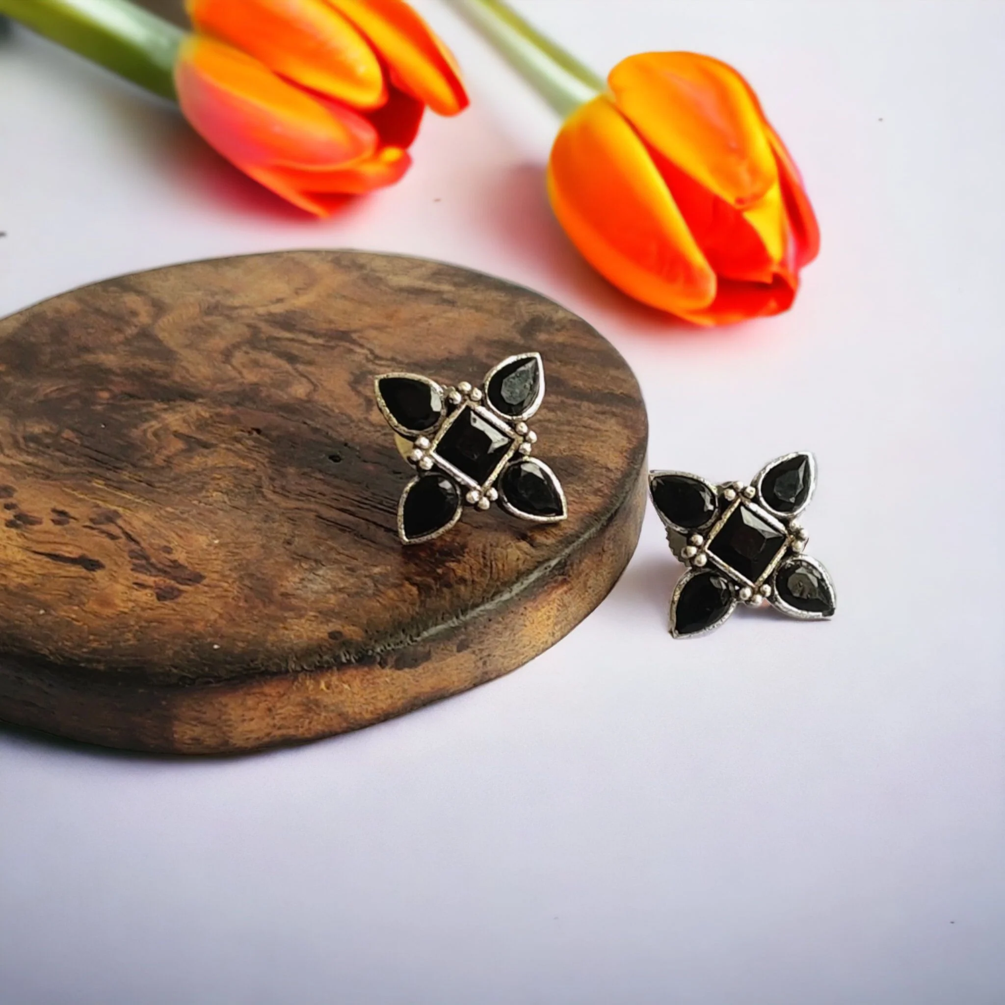 charcoal Petal Stud Earrings - Image 4