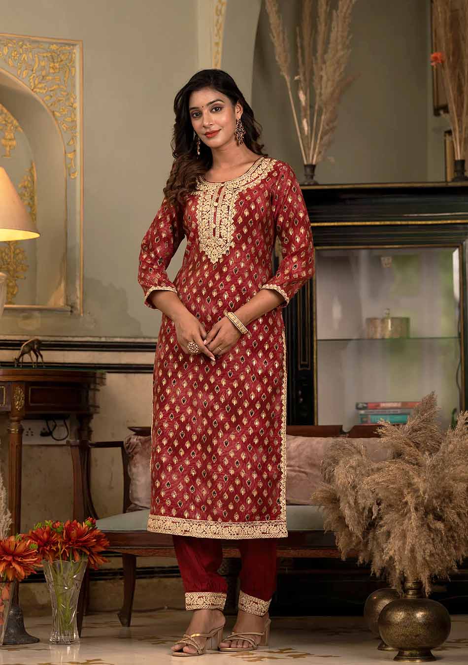 Deep Red Muslin Silk Zari work Kurta Pant With Dupatta - Image 4