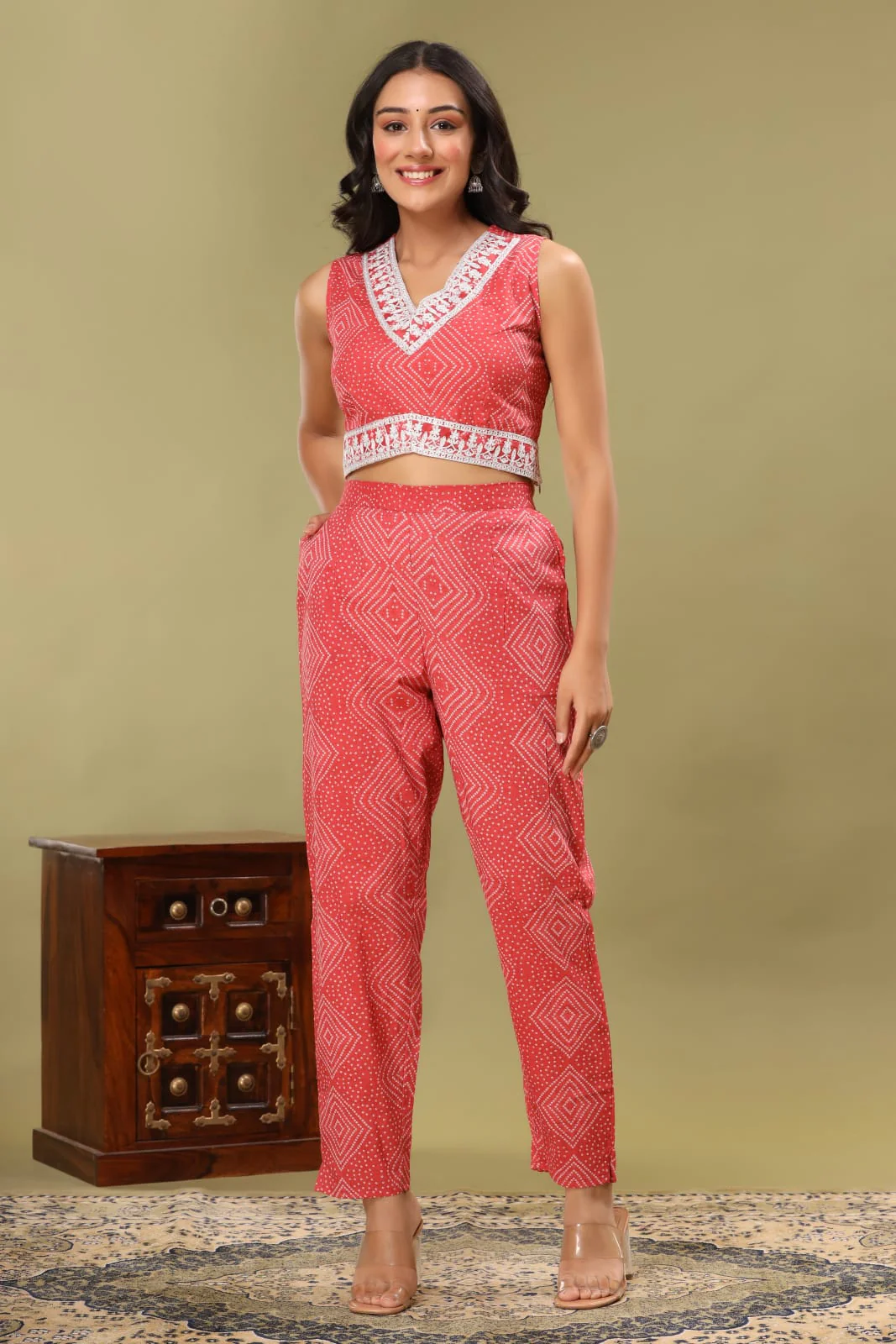 Coral Chunri Print Blouse & Pant Set - Image 4