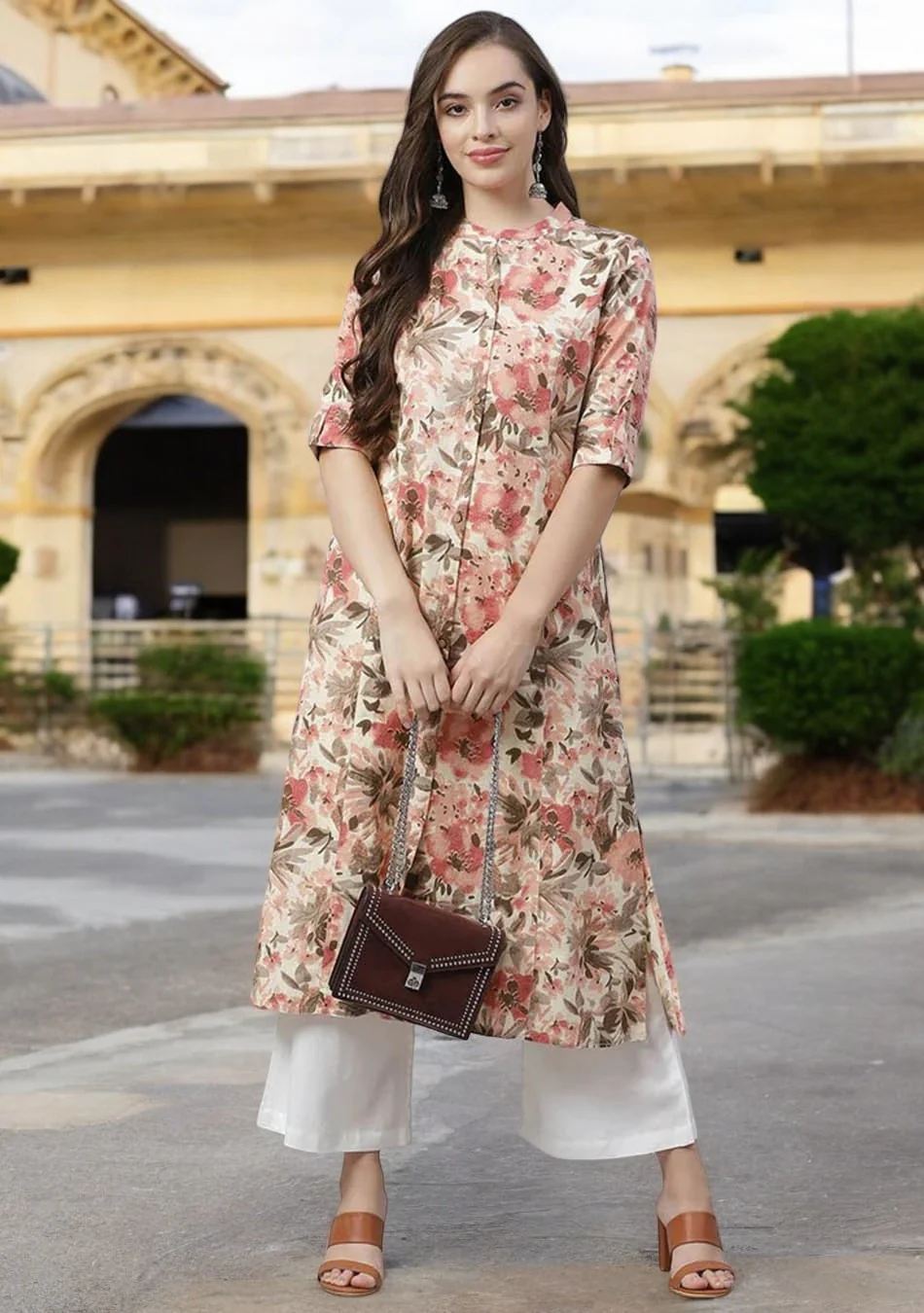 Cream Floral Print A-line cotton Kurta - Image 2