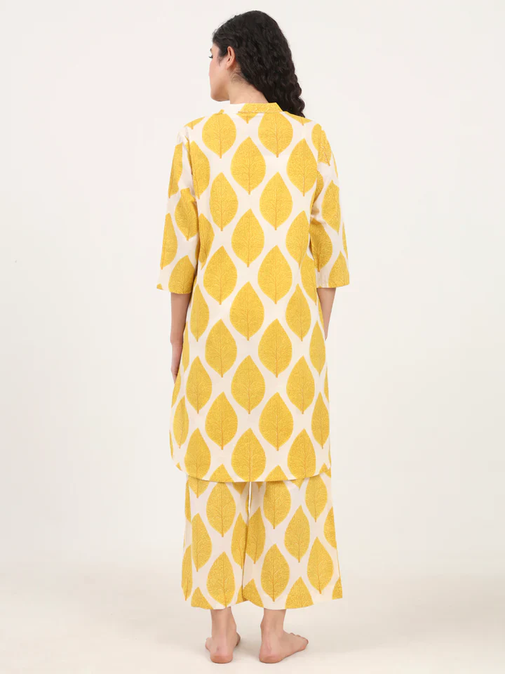 Cream Kurti with Pyjamas Night Suit Sets - Image 2