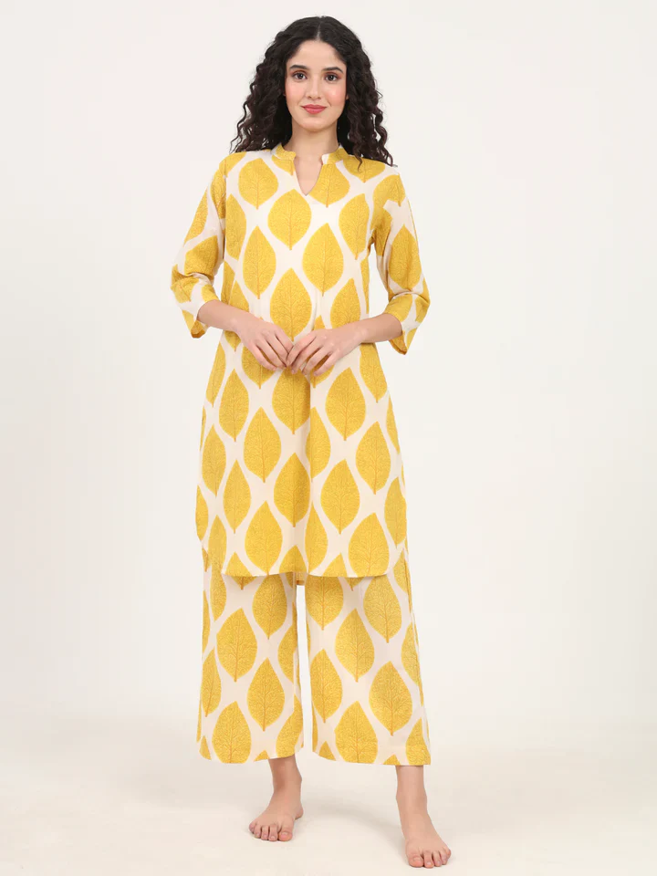 Cream Kurti with Pyjamas Night Suit Sets - Image 3