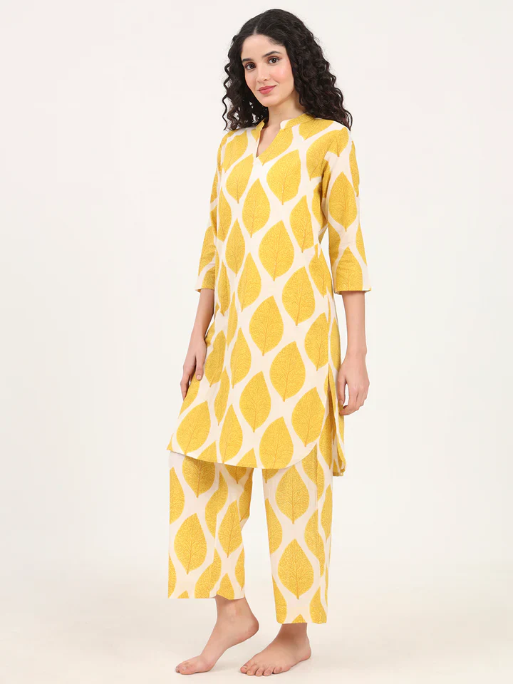 Cream Kurti with Pyjamas Night Suit Sets - Image 4