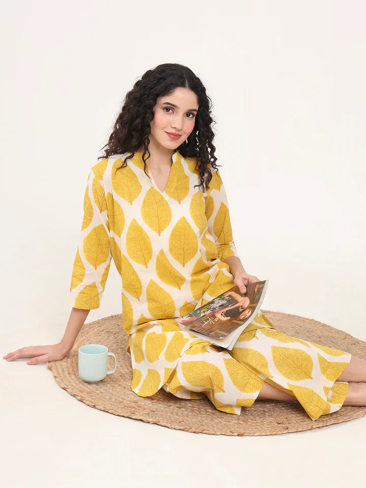 Cream Kurti with Pyjamas Night Suit Sets - Image 7