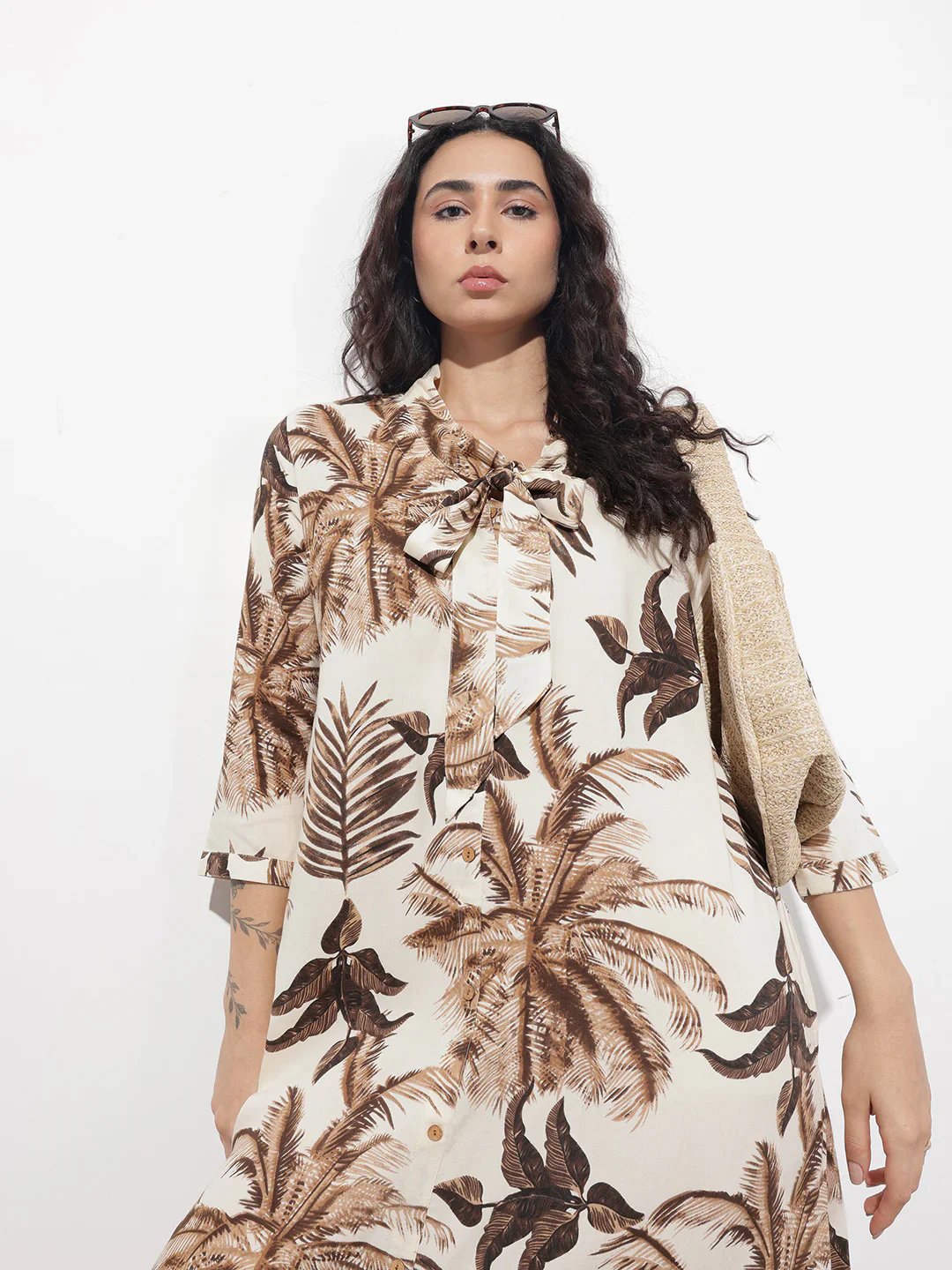Cream Tie up Neck Rayon Maxi Dress - Image 3