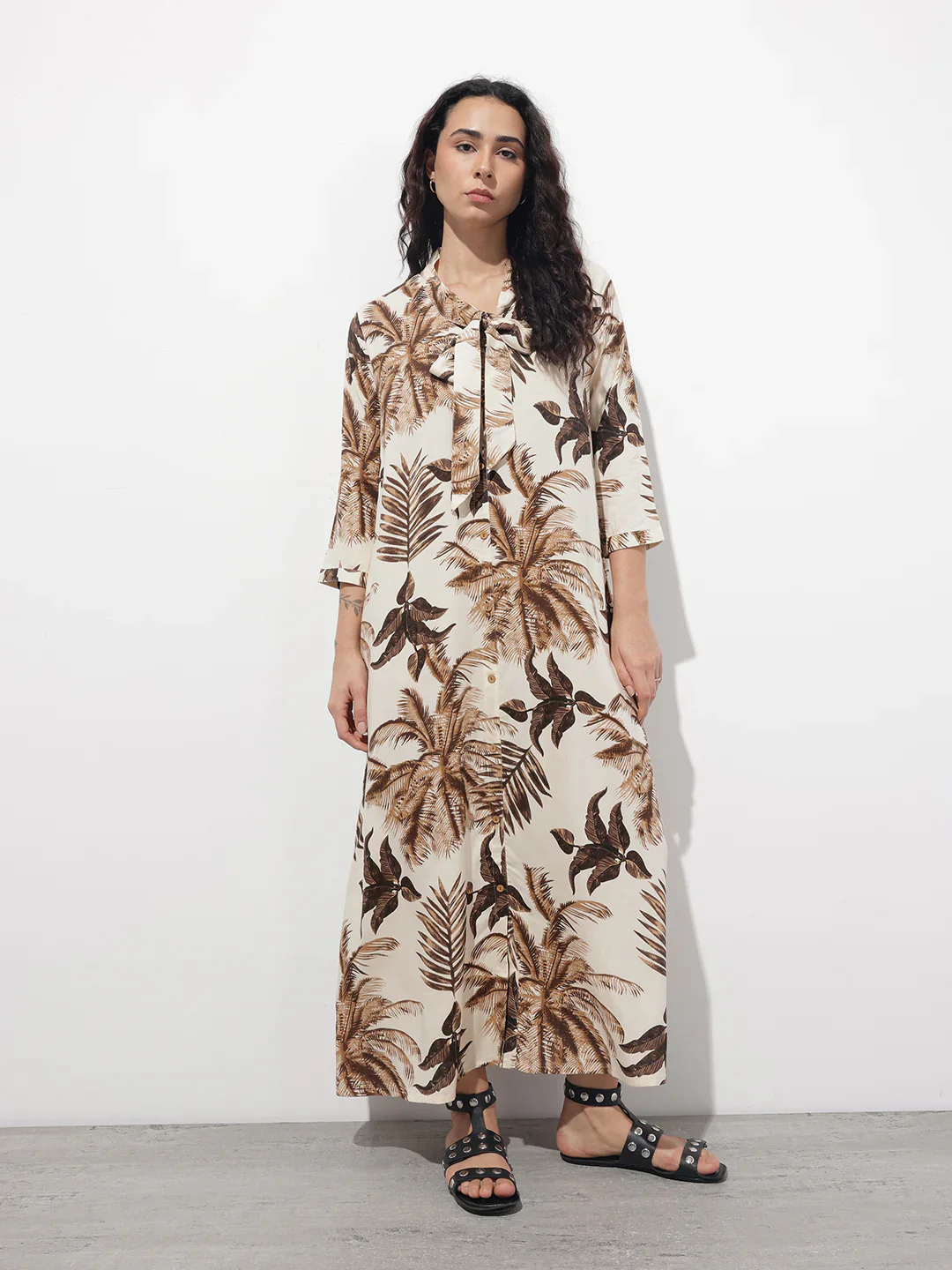 Cream Tie up Neck Rayon Maxi Dress - Image 4