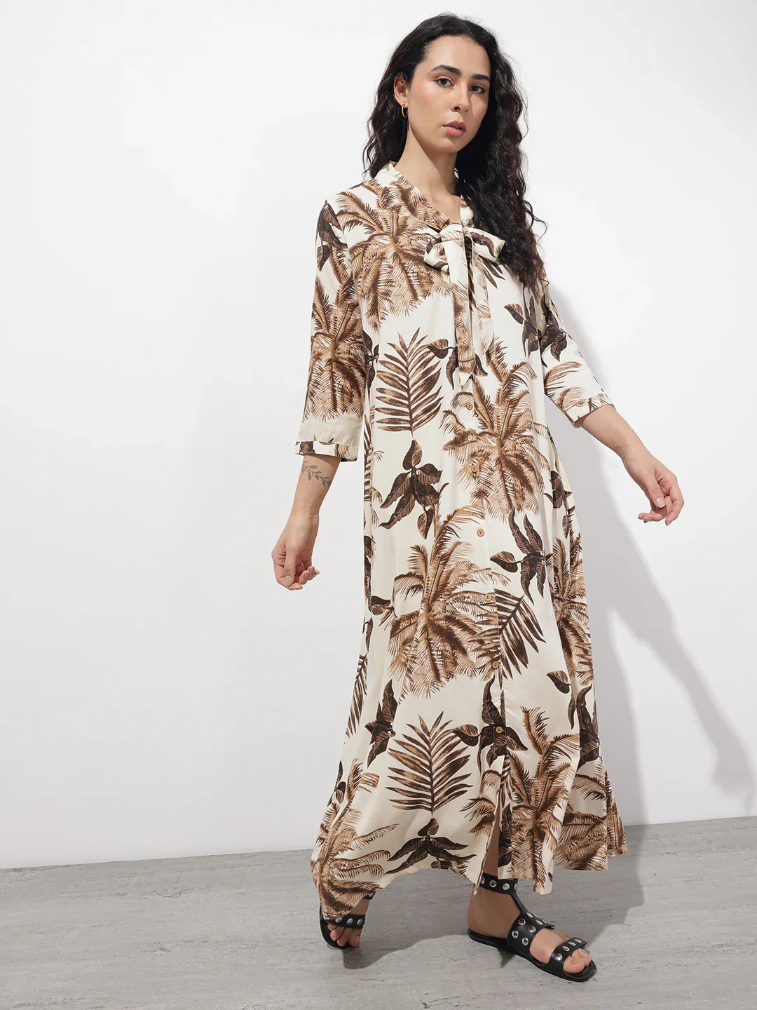 Cream Tie up Neck Rayon Maxi Dress - Image 5