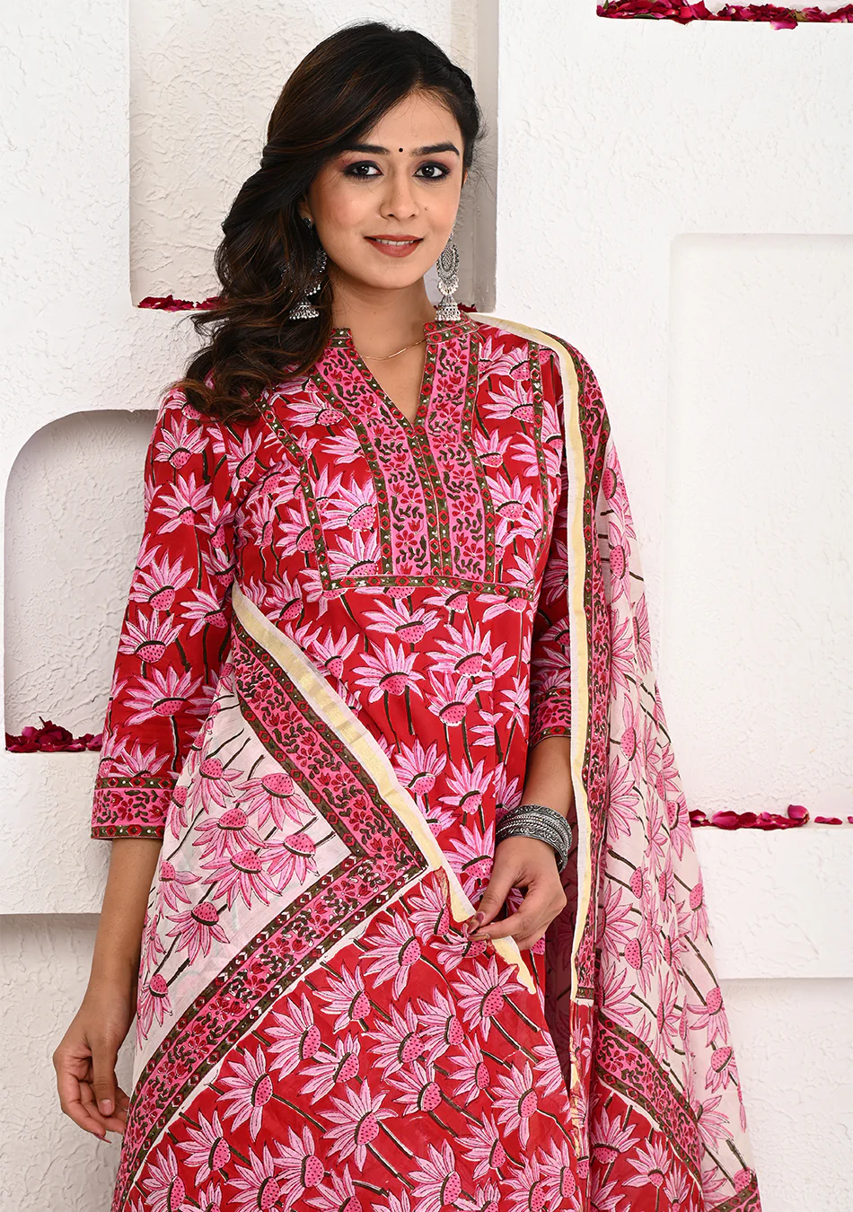 Crimson Bloom Hand Block Print Suit with Dupatta