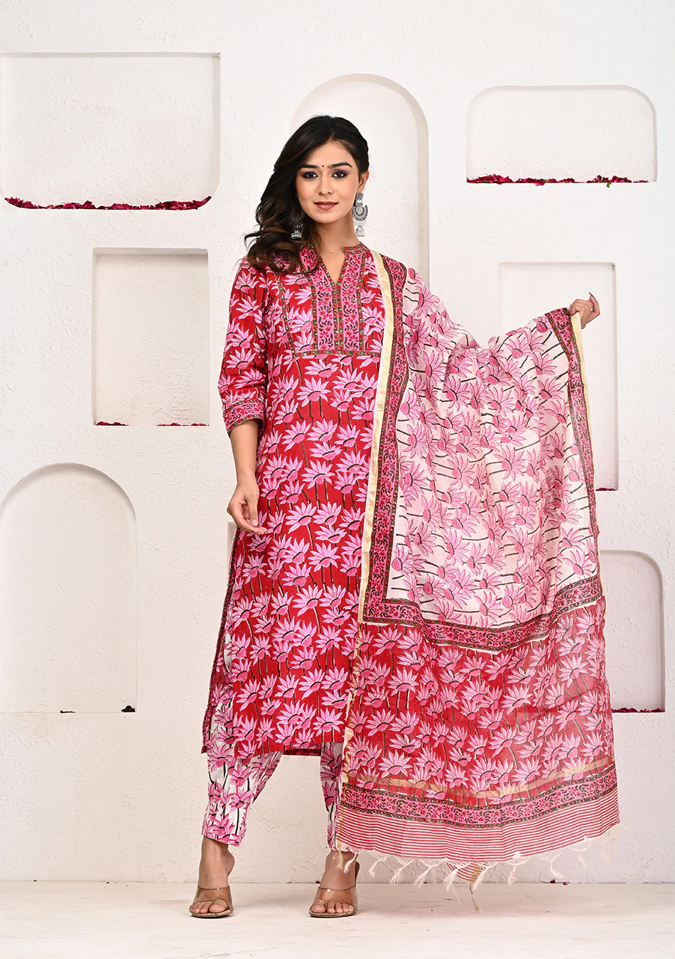 Crimson Bloom Hand Block Print Suit with Dupatta - Image 2