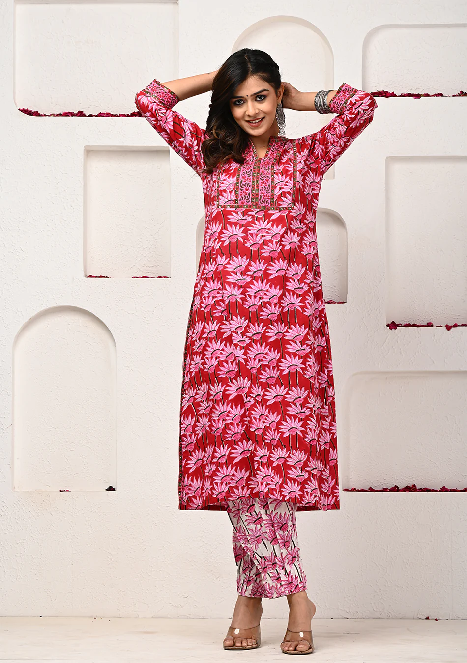 Crimson Bloom Hand Block Print Suit with Dupatta - Image 3