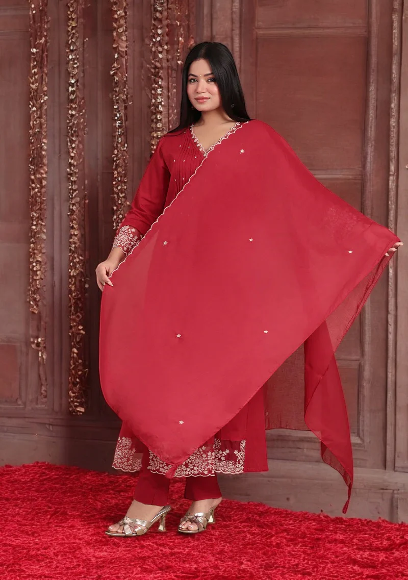 Crimson Elegance Embroidered Suit Set - Image 6