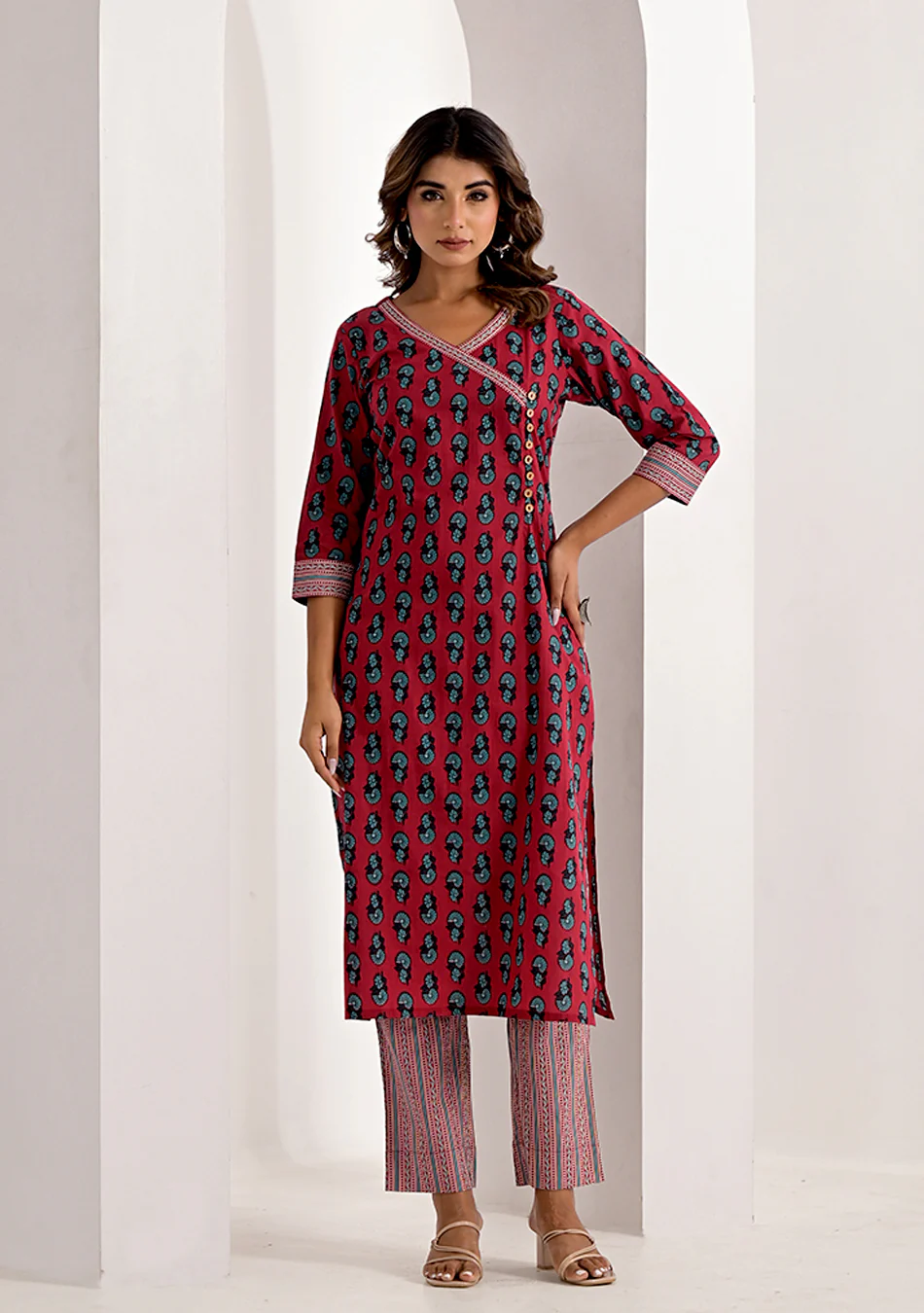 Crimson Sanganeri Handprint Kurta Set - Image 2