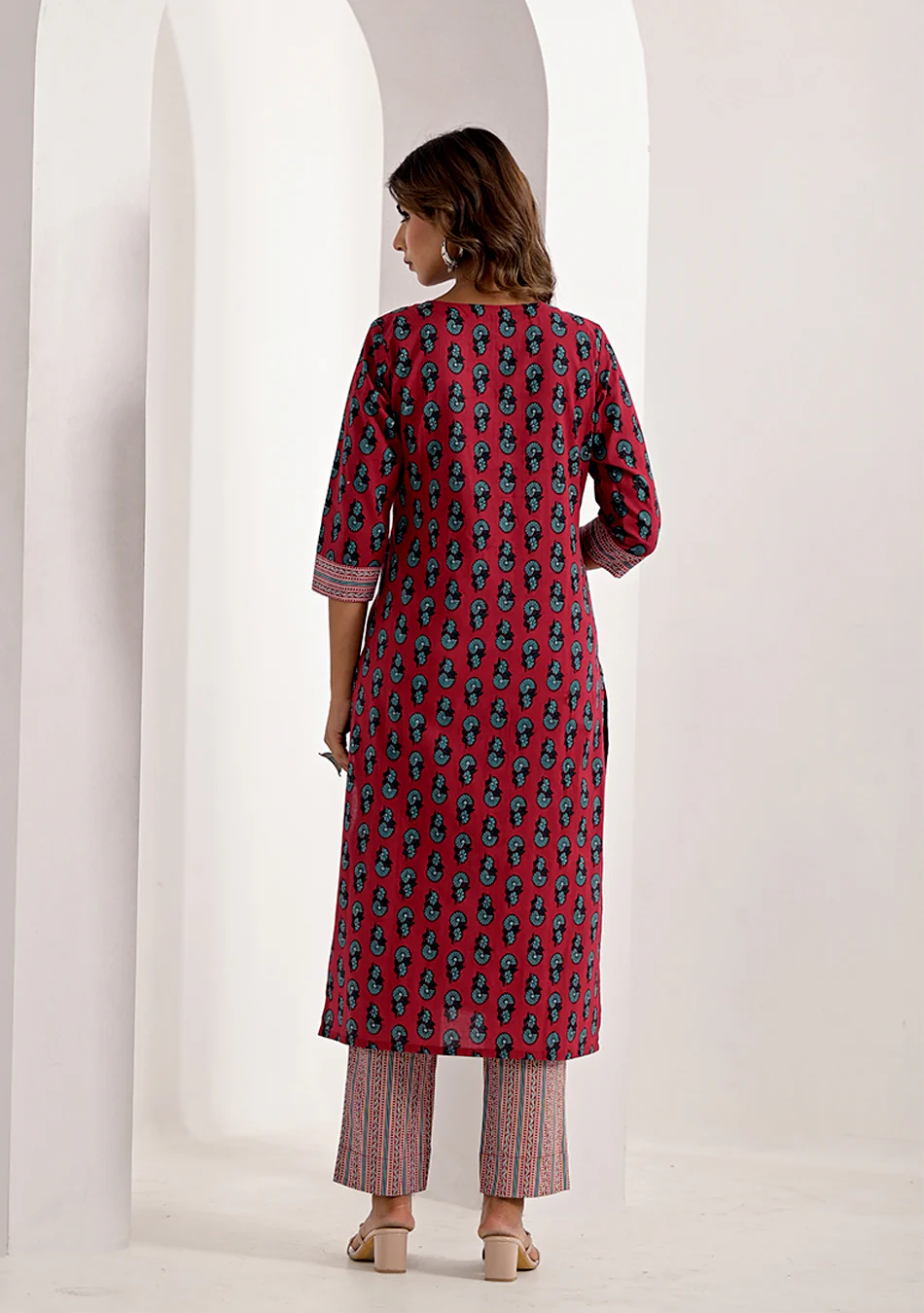 Crimson Sanganeri Handprint Kurta Set - Image 3
