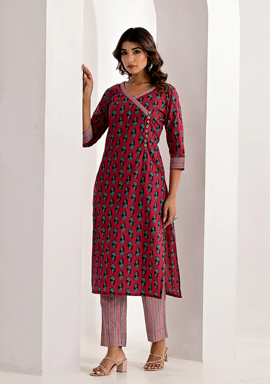 Crimson Sanganeri Handprint Kurta Set - Image 5